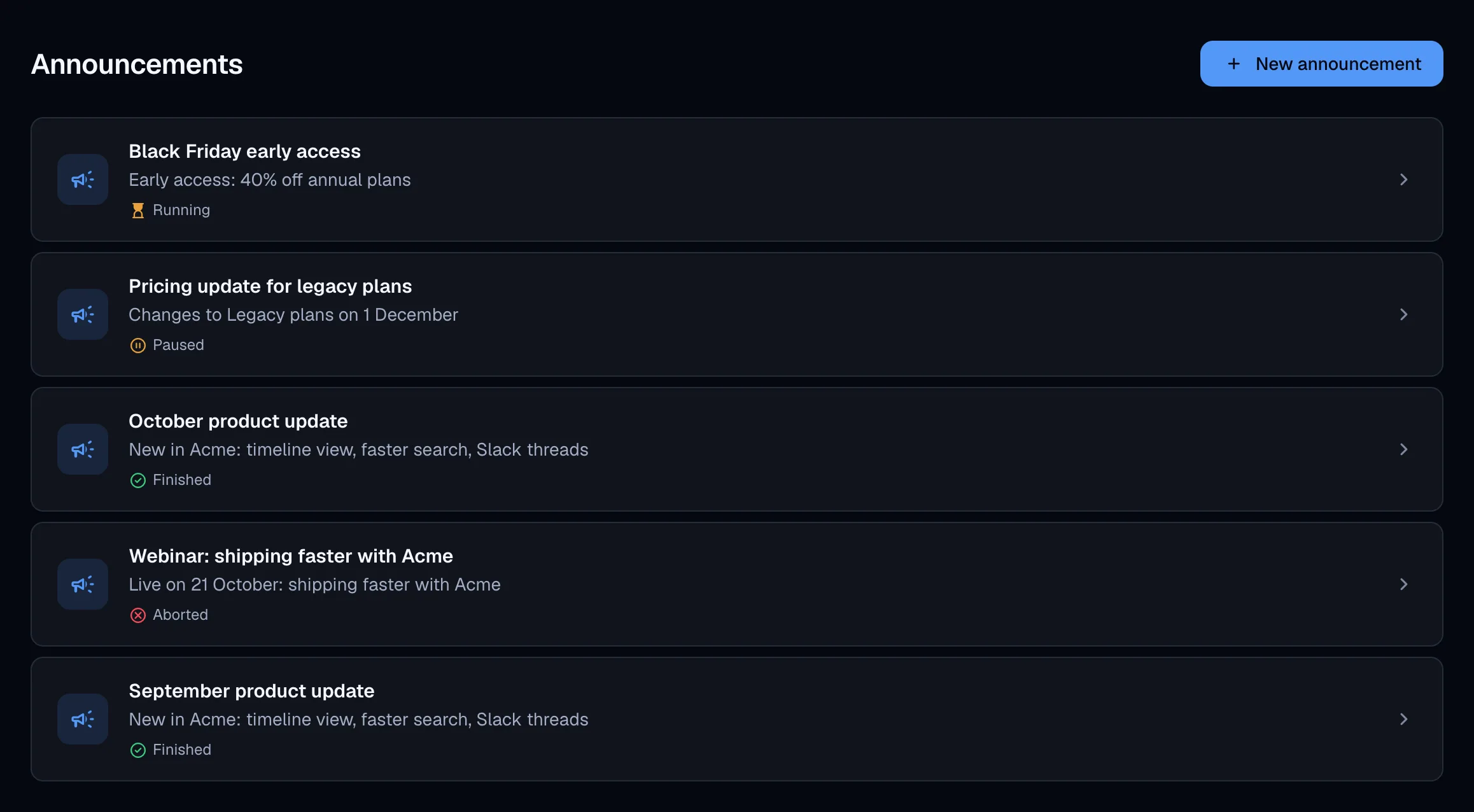SendStreak announcements list with statuses
