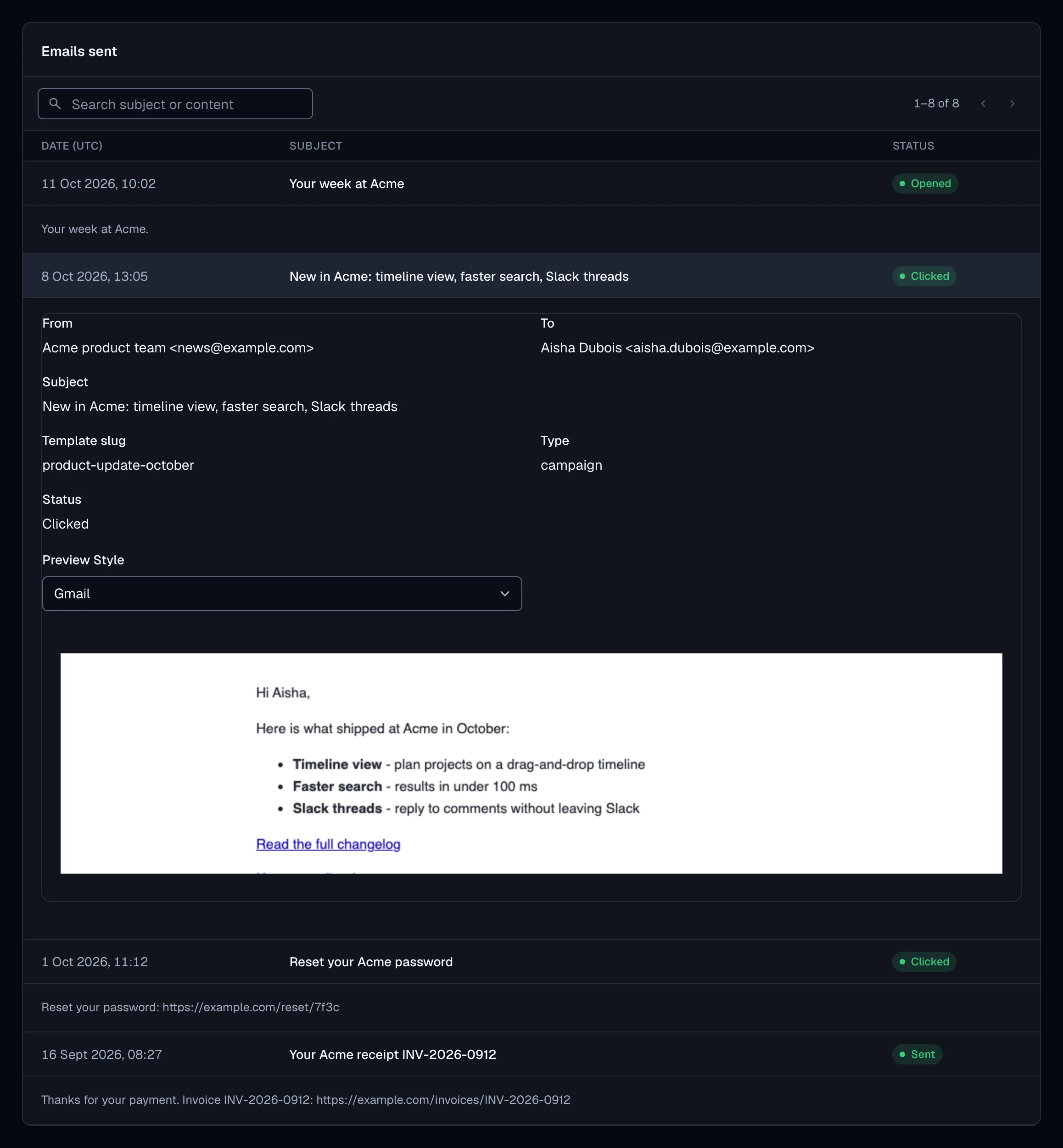 SendStreak emails sent to a contact, one expanded