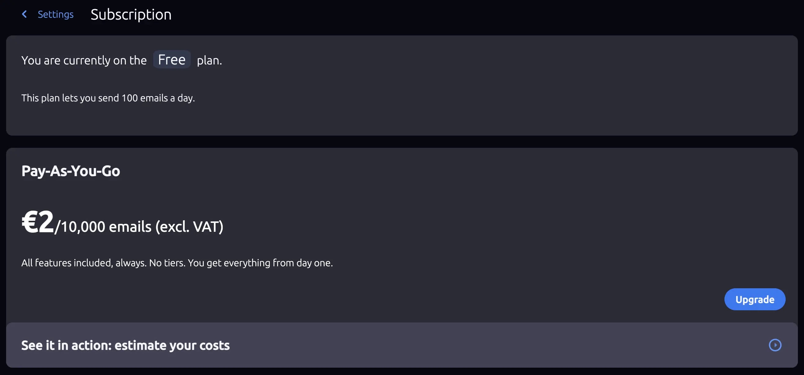 SendStreak subscription screen with upgrade button