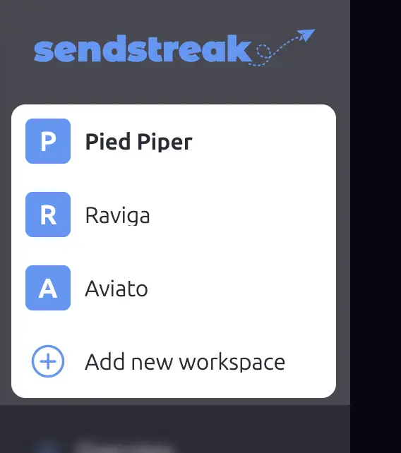 SendStreak workspace switcher