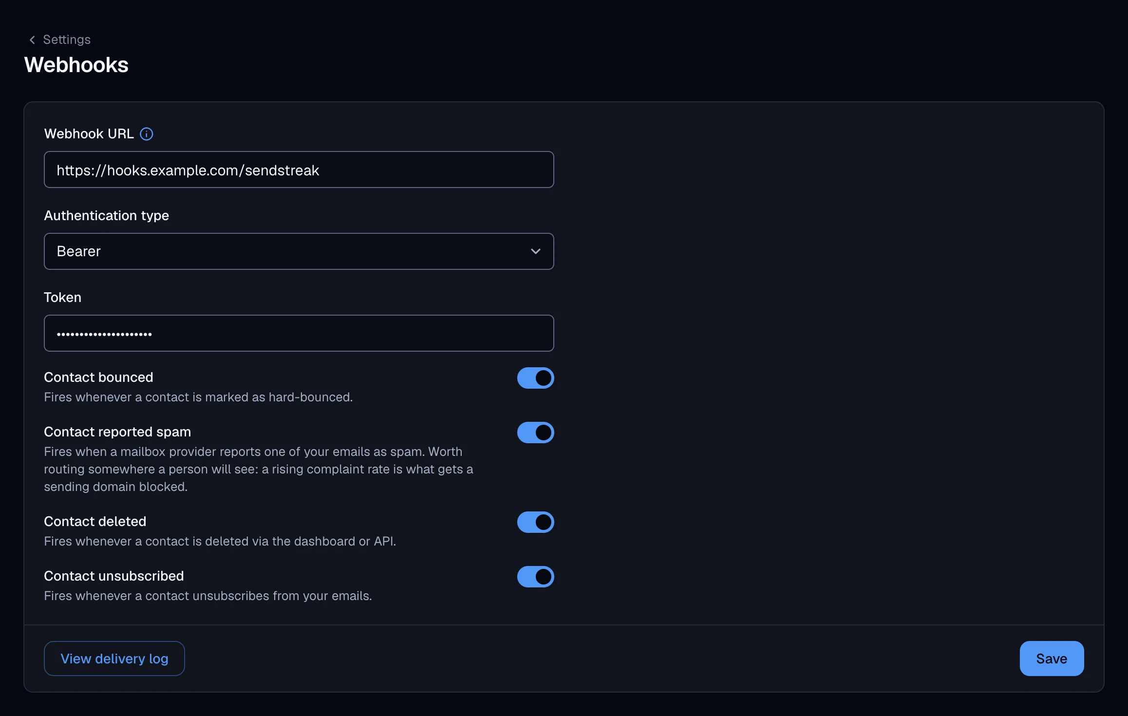 SendStreak webhook settings